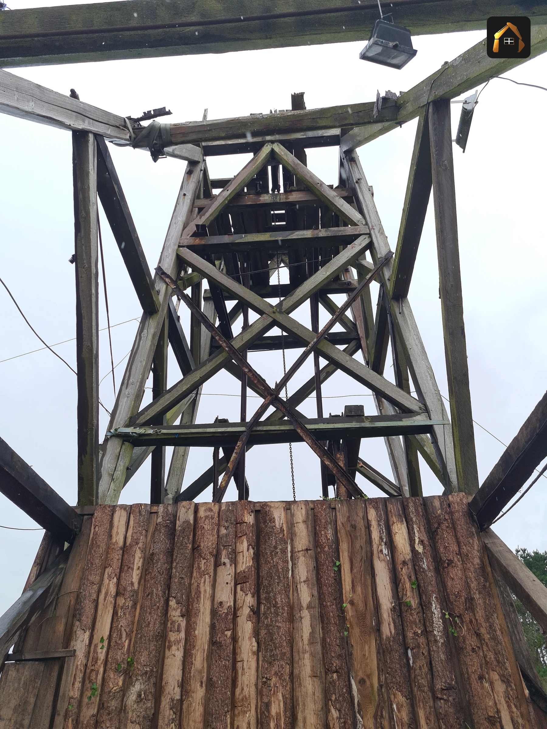 Looking up inside a timber mine headframe before dismantling at Blackwater