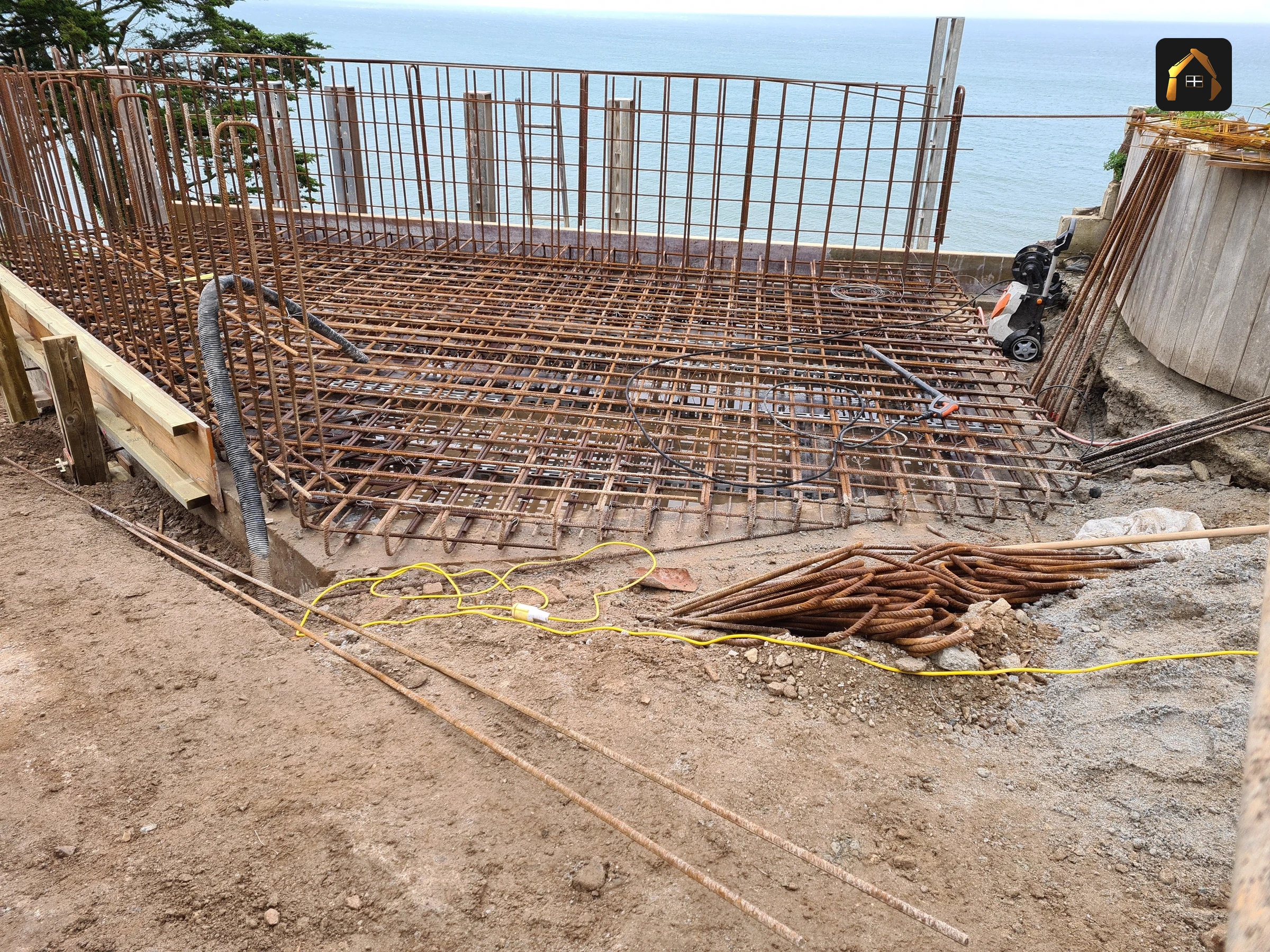 Reinforcement cage for a slab with the sea behind in Looe