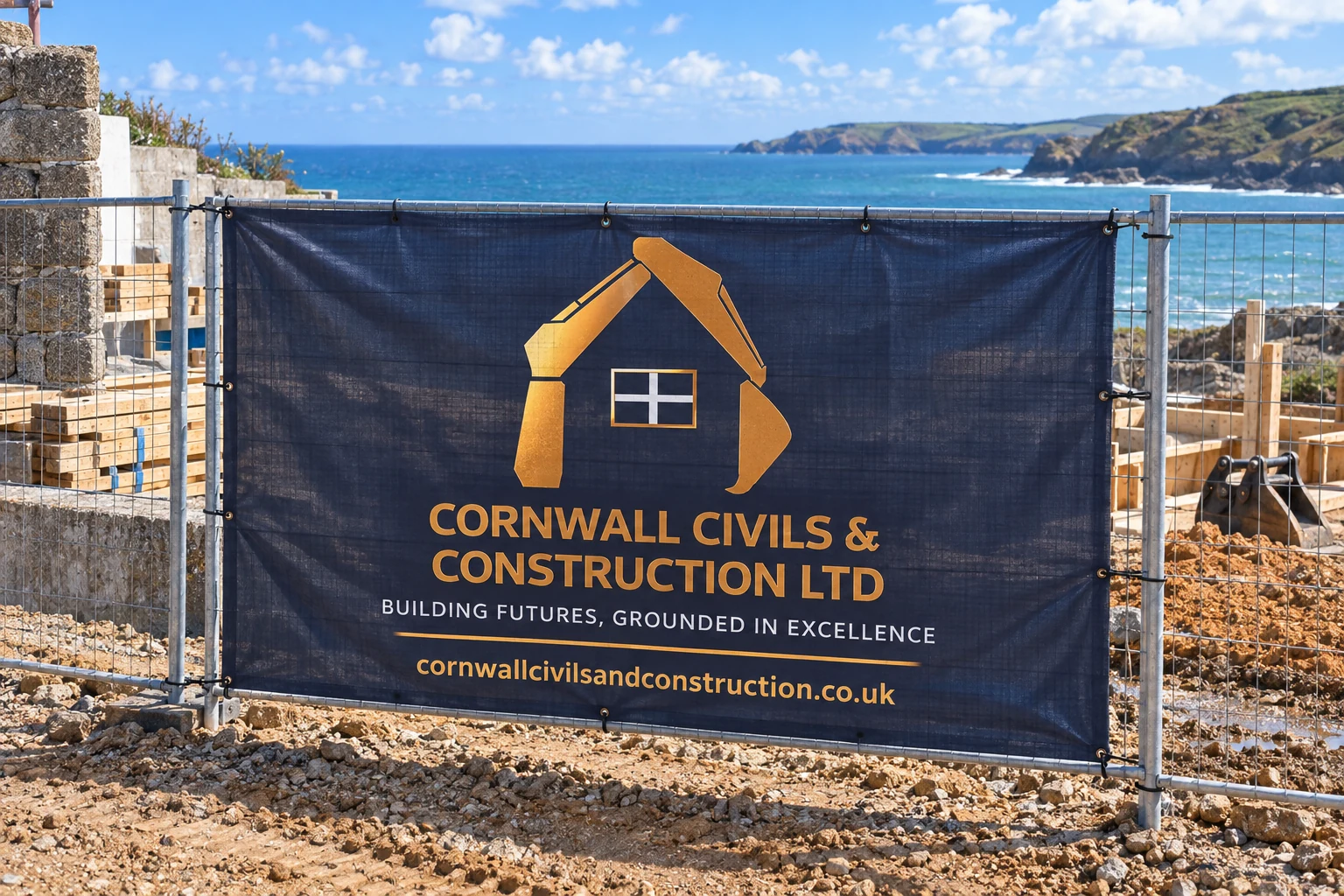 Cornwall Civils and Construction site hoarding banner on a coastal building site