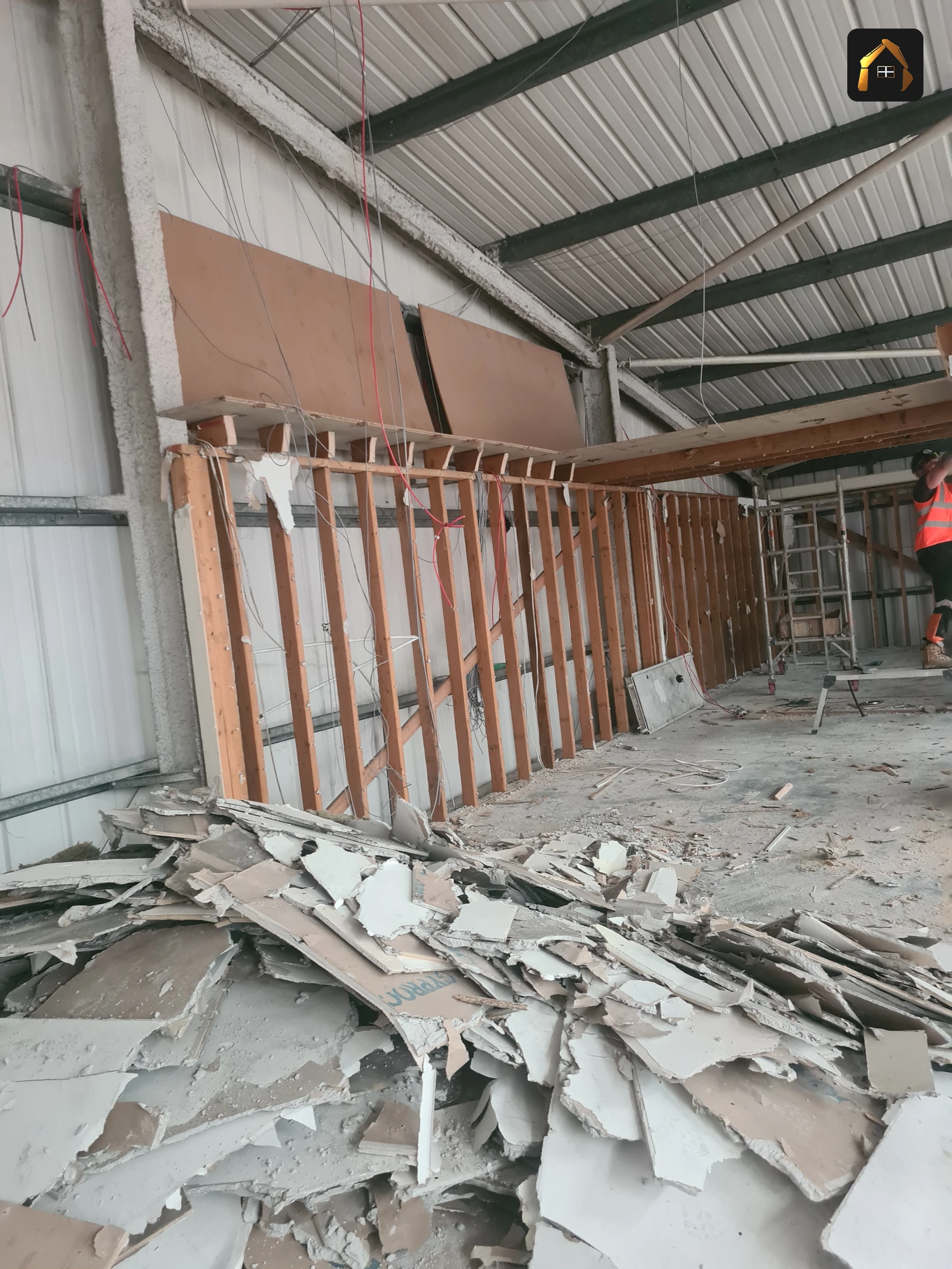 Plasterboard stripped from timber stud partitions during the Fal Fish strip out in Redruth
