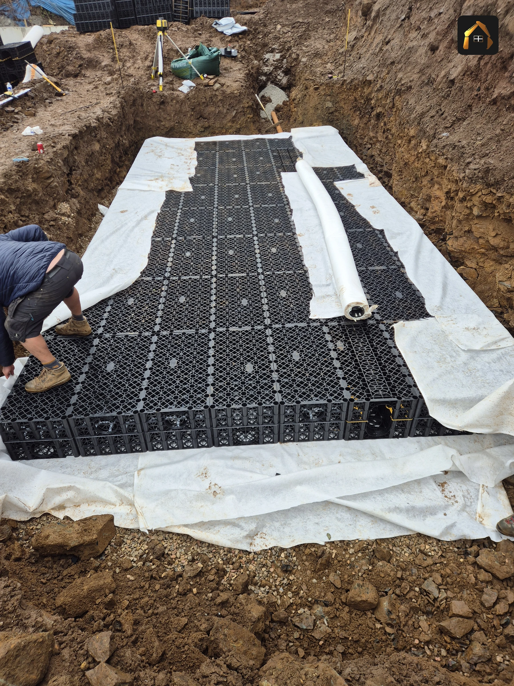 Attenuation crate field with the membrane folded over at Carrick Lodge in St Ives