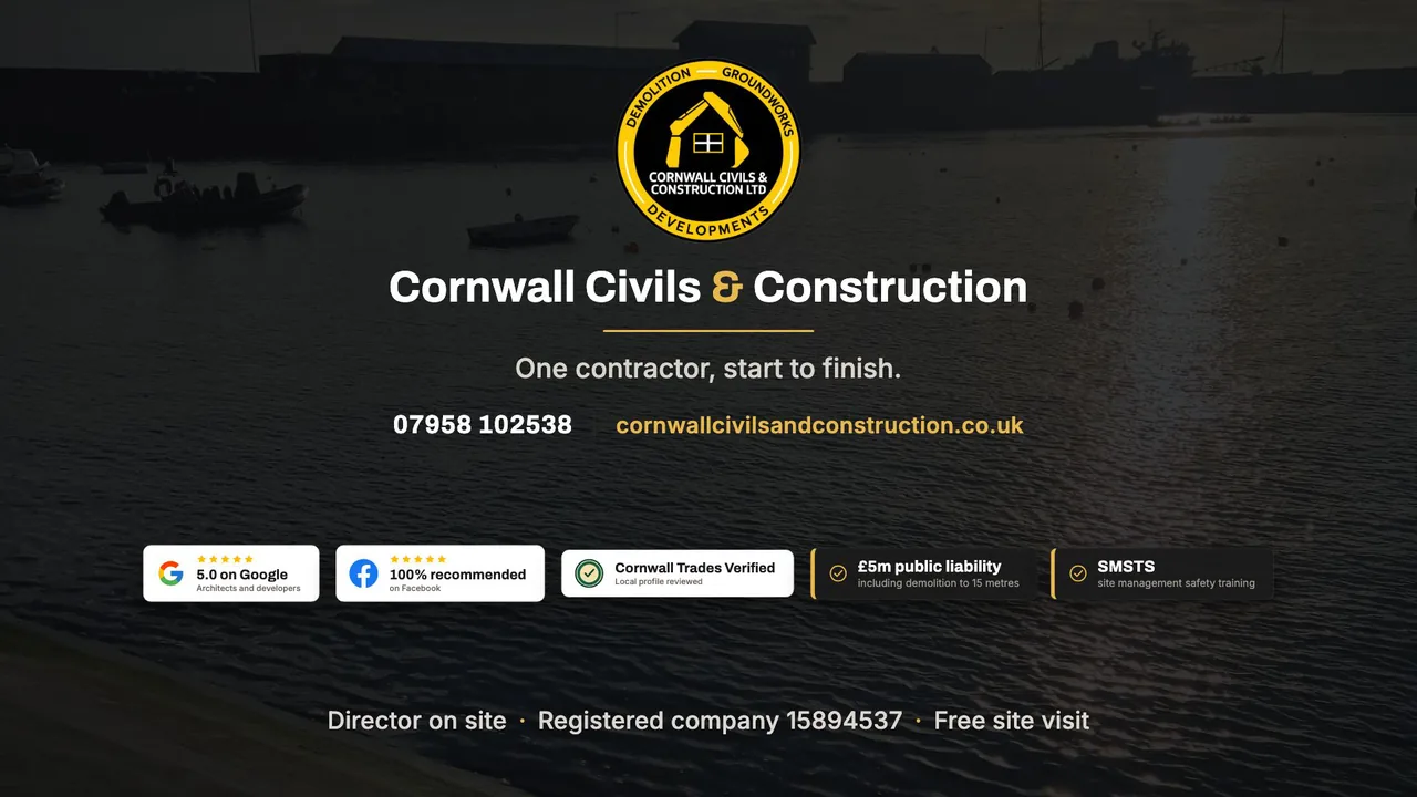 Cornwall Civils and Construction introduction film: the company badge, phone number and website over Penzance harbour at sunset